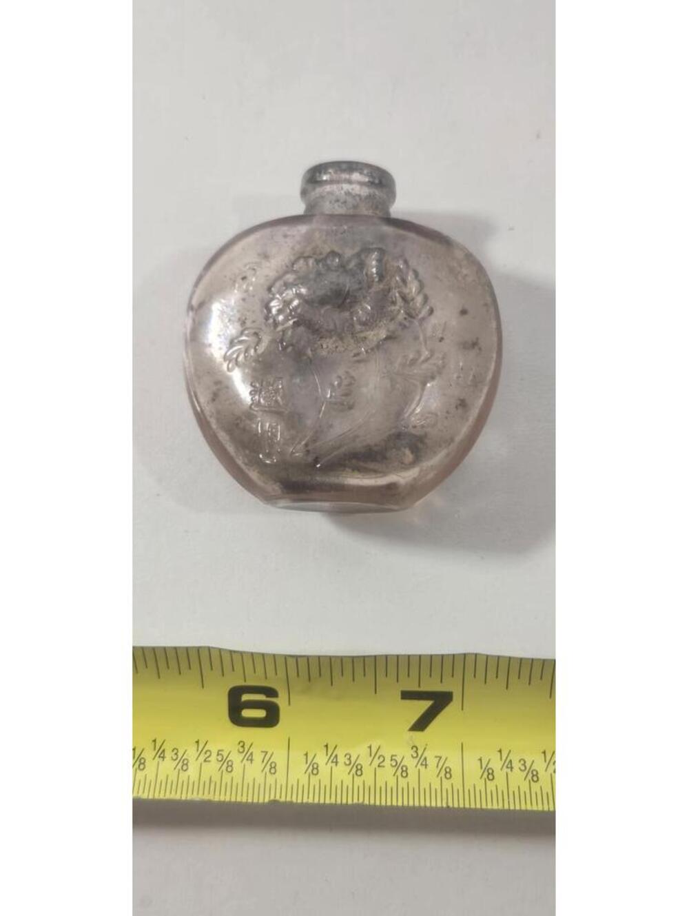 Vintage Rose Glass Miniature Bottle With Embossed Design